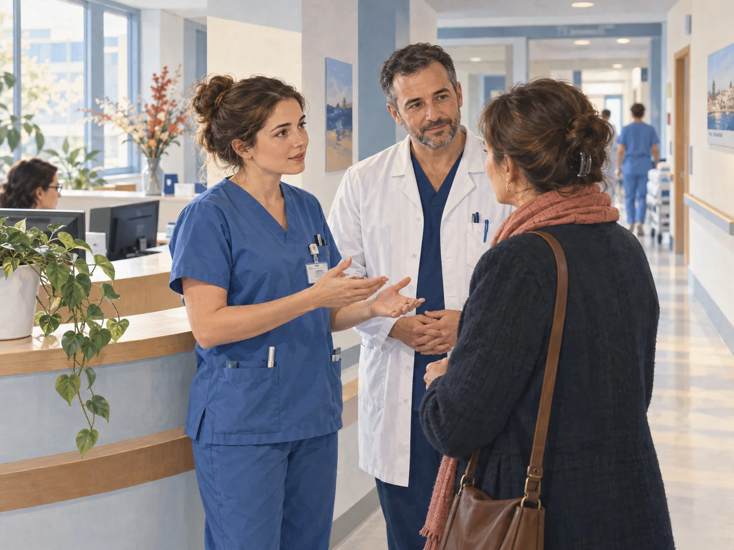 Illustration : une équipe soignante dialogue avec un visiteur à l’hôpital.